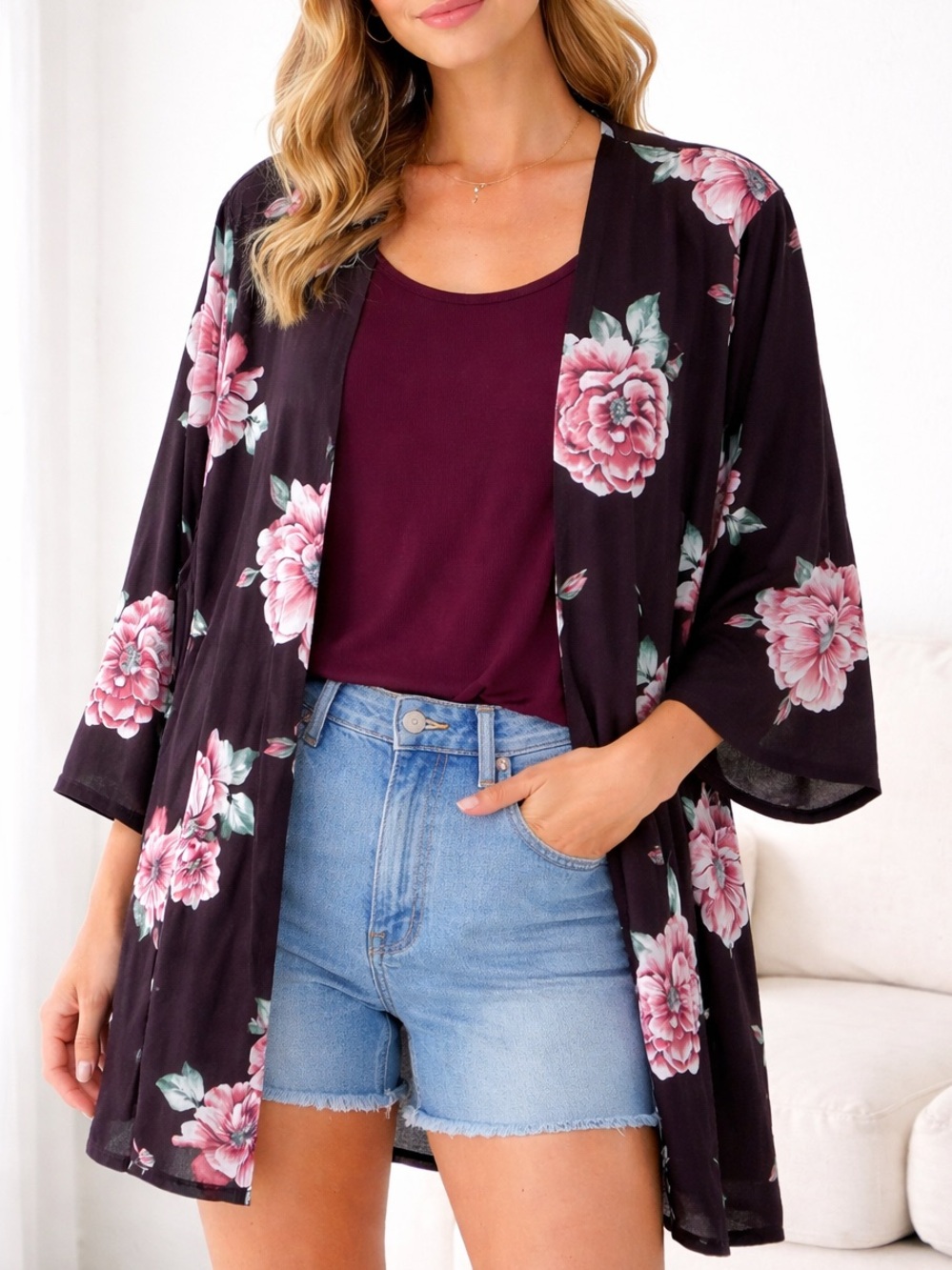 Gilli Womens‎ Purple Floral Kimono Pink Blooms Boho Festival Layering Cardigan
